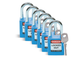 Замок безопасности стандартный Brady brady,стандартный,корпус,стальная дужка,цвет в упаковке, синий, 6,5 мм, 38 мм, Нейлон, Химически инертен, Электроизолированная личина, 1, 6 шт