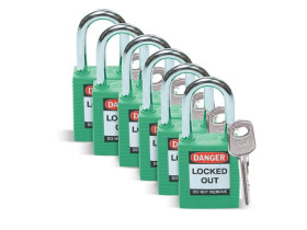 Замок безопасности стандартный Brady brady,стандартный,корпус,стальная дужка,цвет, зеленый, 6,5 мм, 38 мм, Нейлон, Химически инертен, Электроизолированная личина, 1